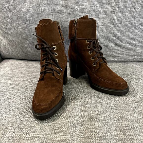 EUC Aquatalia Irene Brown Suede Boots Sz 8.5 Heeled Buckle Lace Up Ankle Booties - Picture 14 of 16